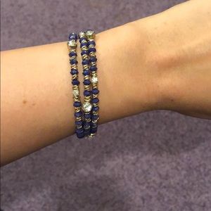Blue Bead and Gold Wire Wrap Bracelet